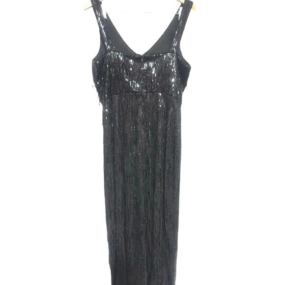 R&M Richards Black Fringe Sequined Maxi Gown w/ Slit Sz 10 Long Formal Flapper - Picture 8 of 10